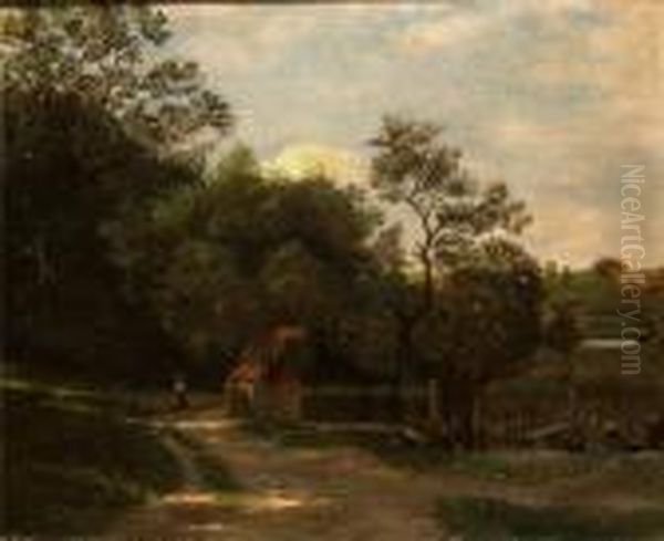 Schattiger Waldweg Mit Wanderin Am Gehoft Oil Painting by Wilhelm A. Lebrecht Amberg