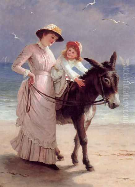 Mother and child promenading on a beach with a donkey Oil Painting by Jane Maria Bowkett