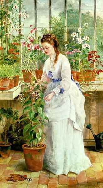 Young Lady in a Conservatory Oil Painting by Jane Maria Bowkett