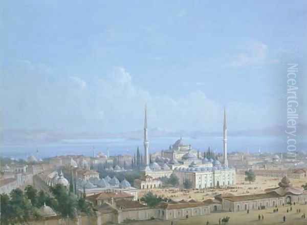 The Sultan Beyazit II Mosque Complex with a View of the Golden Horn beyond, Constantinople Oil Painting by Carlo Bossoli