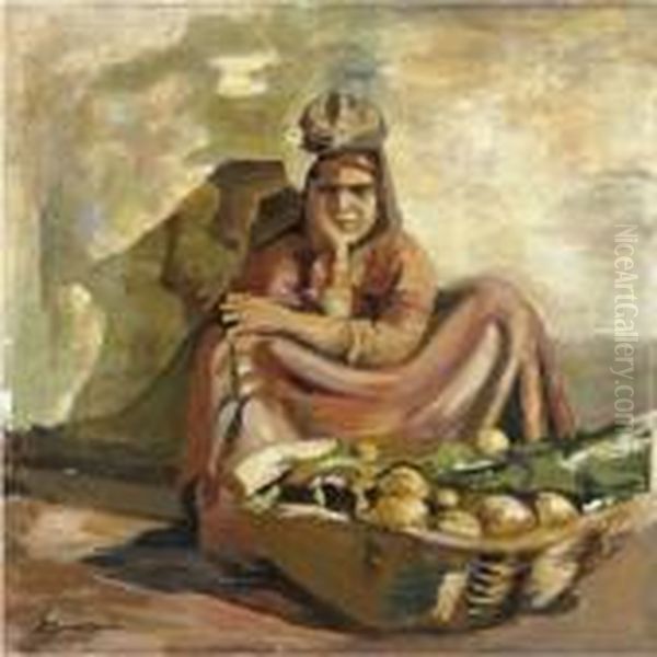 Venditrice Di Frutta Oil Painting by Giuseppe Amisani