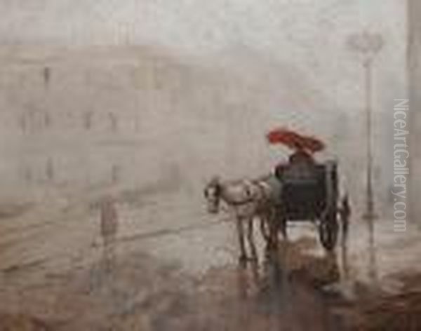 A Coach And Horse On A Rainy Day Oil Painting by Giuseppe Amisani