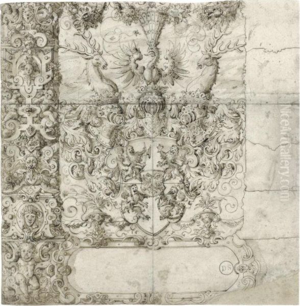 The Arms Of Zimmern Within An Elaborate Strapwork Design Withputti by Jost Amman