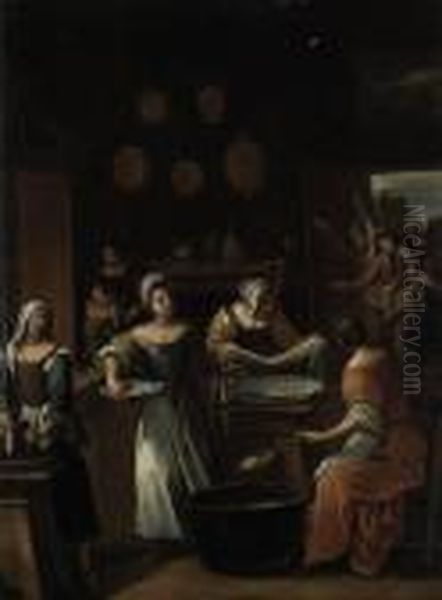 The Gnocchi Bakery: The Interior
 Of A Kitchen With Women Preparinggnocchi, A Group Of Revellers Entering
 From The Garden Beyond Oil Painting by Antonio Amorosi