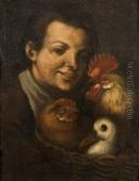 Jeune Garcon Tenant Un Panier Avec Coq, Poule Et Canard Oil Painting by Antonio Amorosi