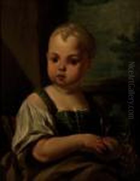 Portrait Of A Child Holding Fruit Oil Painting by Antonio Amorosi