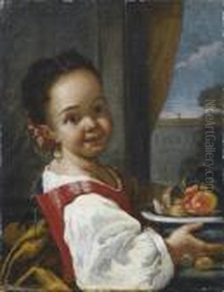 Bambina Con Piatto Di Frutta Oil Painting by Antonio Amorosi