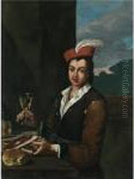 Portrait Of A Boy Seated At Table Holding A Glass Of Wine And Two Steaks Oil Painting by Antonio Amorosi