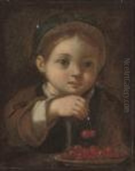 A Young Boy Eating Cherries Oil Painting by Antonio Amorosi