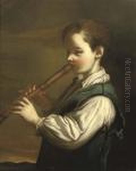 A Boy Playing The Flute Oil Painting by Antonio Amorosi