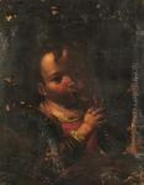 A Young Boy Playing A Pipe. Oil Painting by Antonio Amorosi