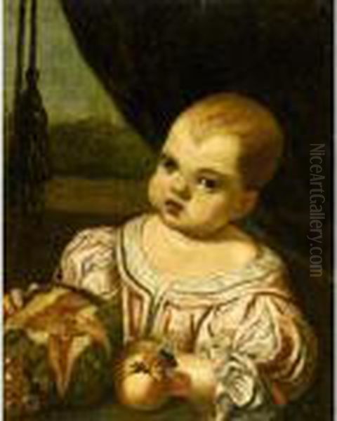 Portrait Of A Child, Half Length, Wearing A Pink Silk Dress And Holding A Melon Oil Painting by Antonio Amorosi