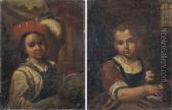 Bambina Con Cagnolino; E Bambino Con Cappello Piumato Oil Painting by Antonio Amorosi