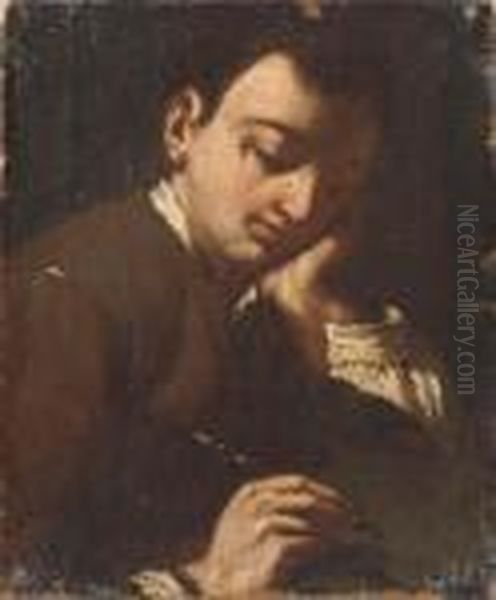 A Boy Writing; And A Girl Sewing Oil Painting by Antonio Amorosi