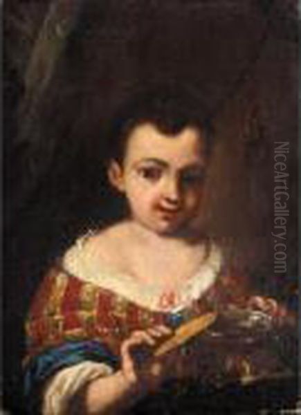 Portrait Of A Young Girl, Half Length, Standing Beside A Table With A Jar Oil Painting by Antonio Amorosi