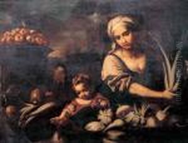 Venditrice Di Ortaggi E Frutta Con Bambina Oil Painting by Antonio Amorosi