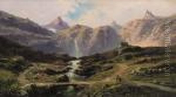 Paesaggio Montano Con Rifugio Alpino E Figure Oil Painting by Eugenio Amus