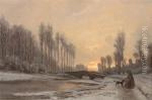 le Pont A Gretz Sur Loing, En Hiver Oil Painting by Auguste-Paul-Charles Anastasi