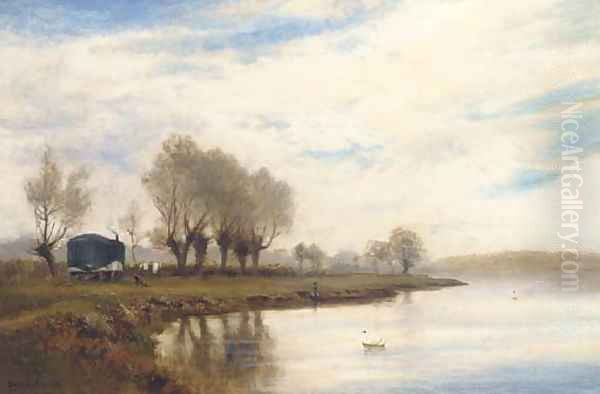 A misty morning on the tow path at Shepperton Oil Painting by Alfred de Breanski