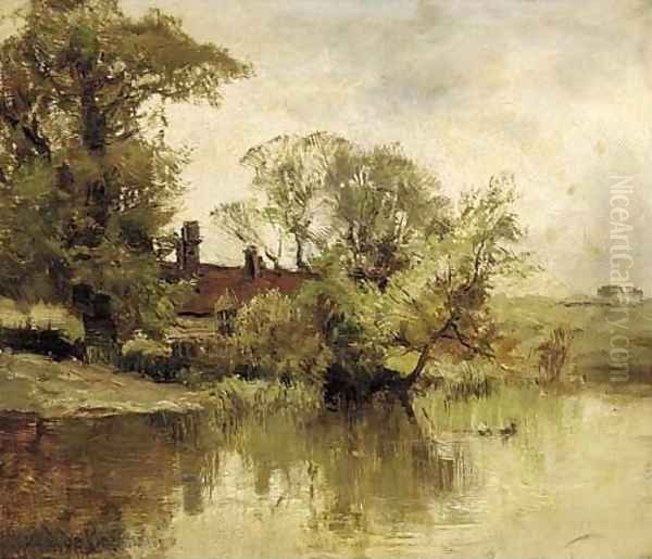 A riverside farm Oil Painting by Alfred de Breanski