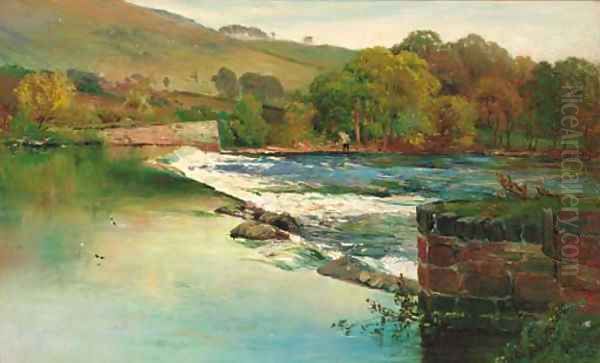 An angler fishing by a weir Oil Painting by Alfred de Breanski