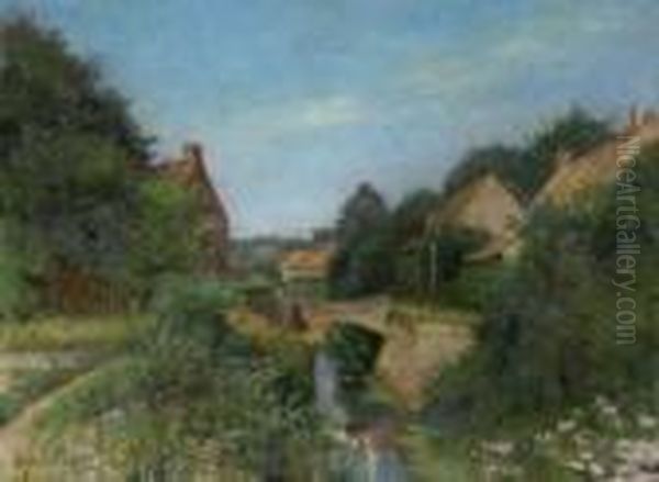 Franzosische Landschaft Mit Fluss Und Brucke. by Emile Ancelet