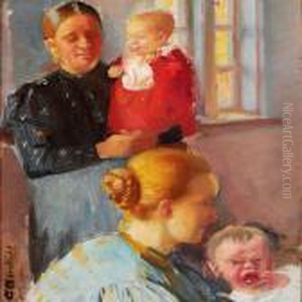 Two Young Mothers With Their Little Kids Oil Painting by Anna Ancher