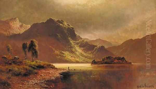 'The Silver Strand', Loch Katrine by moonlight Oil Painting by Alfred de Breanski