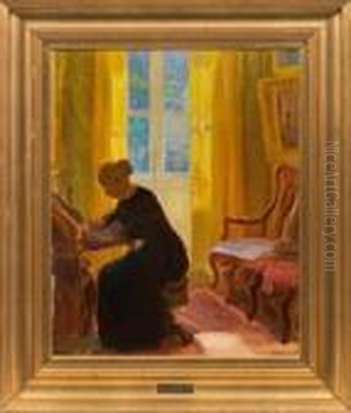 Interieur Mit Ihrertochter Helga Ancher Beim Schreiben Oil Painting by Anna Ancher