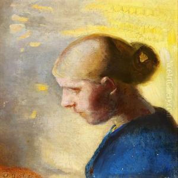 Portrait Of A Young Blond Girl In A Blue Dress With Her Hair In A Bun Oil Painting by Anna Ancher