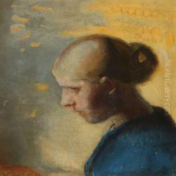 Portrait Of A Young Blond Girl In A Blue Dress With Her Hairin A Bun Oil Painting by Anna Ancher