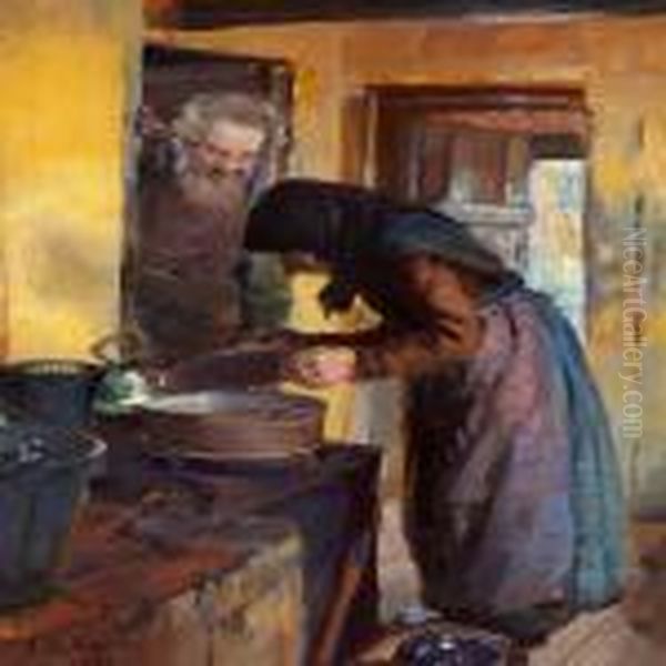 Interior From Skagen With Soren Bratten And His Wife In Thescullery Oil Painting by Anna Ancher