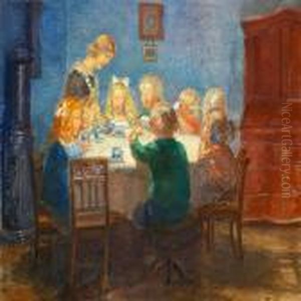 A Blue Interior With Children's Party At Skagen Oil Painting by Anna Ancher