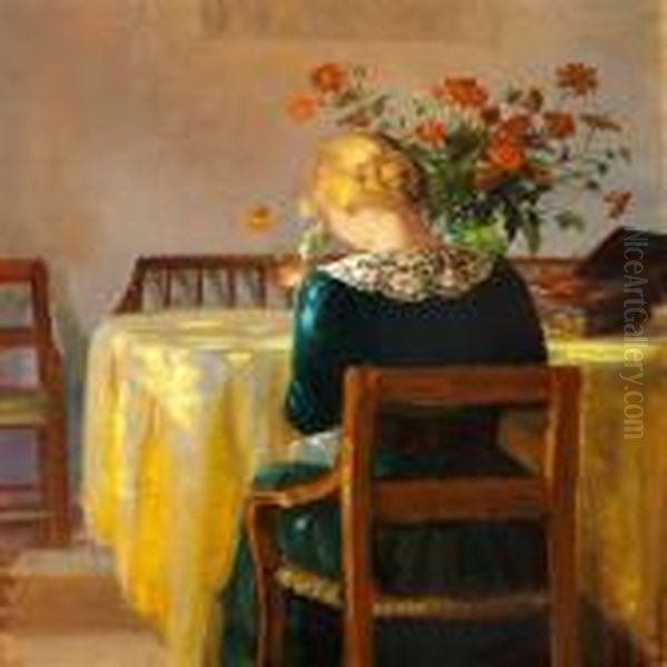 Interior With The Painter's Daughter Helga Sewing Oil Painting by Anna Ancher