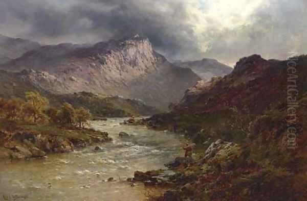 A Salmon-Trout Stream, Cader Idris, North Wales Oil Painting by Alfred de Breanski