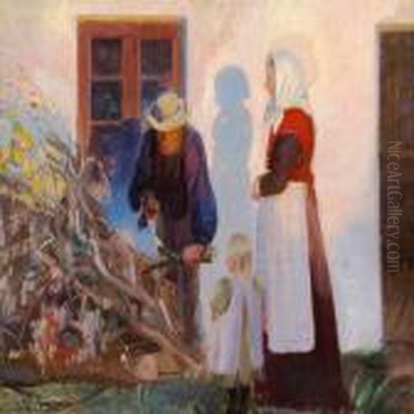 A Family From Skagen Iscutting Boughs Outside A House Oil Painting by Anna Ancher