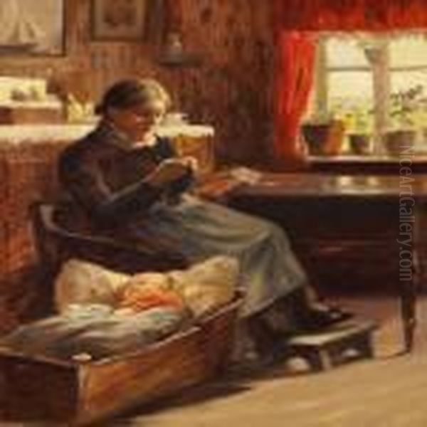 Interior With A Mother And Her Sleeping Child In A Cradle Oil Painting by Anna Ancher