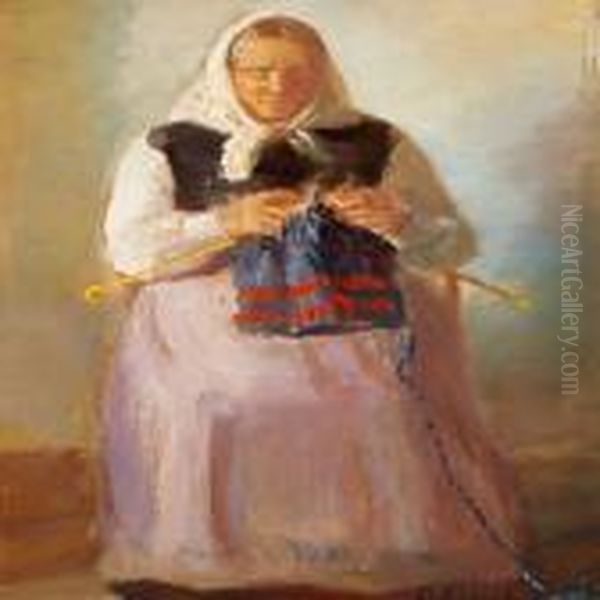 Sorine Mollerknitting Oil Painting by Anna Ancher