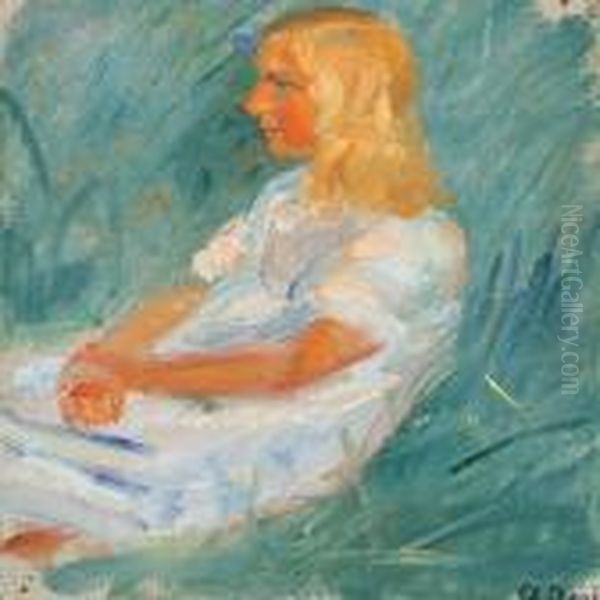 Girl In A White Dresssitting On The Grass Oil Painting by Anna Ancher