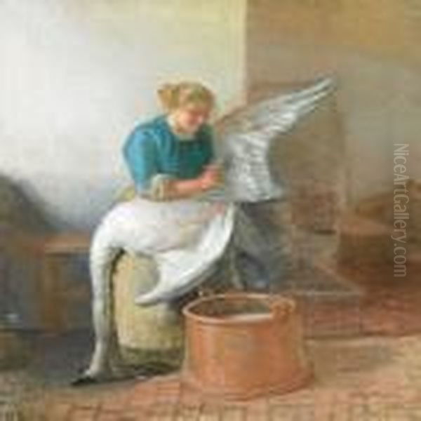 En Ung Pige, Der Plukker En Svane Oil Painting by Anna Ancher