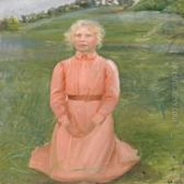 Ung Knaelende Pige I Lyserod Kjole Oil Painting by Anna Ancher