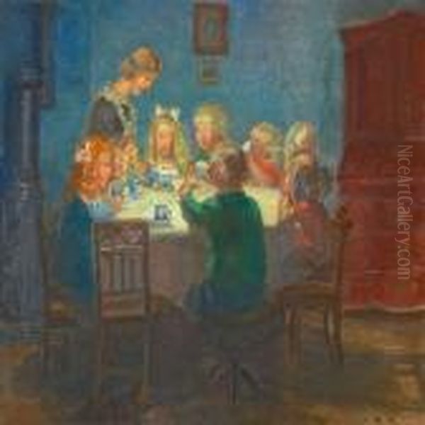 A Blue Interior With Childrens Party At Skagen Oil Painting by Anna Ancher