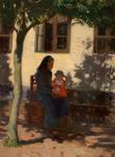 One Of Anna Ancher's Sisters 
Sitting In Front Of A House Under A Tree With Her Little Niece Helga 
Ancher On Her Knee Oil Painting by Anna Ancher