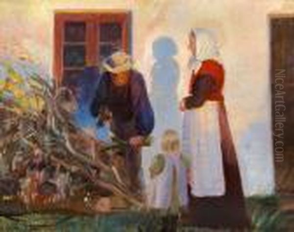 A Family From Skagen Is Cutting Boughs Outside A House Oil Painting by Anna Ancher