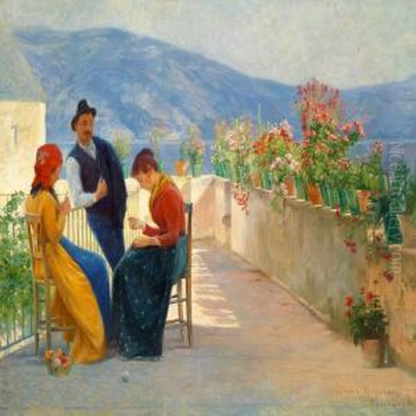 Three Young Italians Ona Terrace In Gargnano At Lake Garda Oil Painting by Cilius Andersen