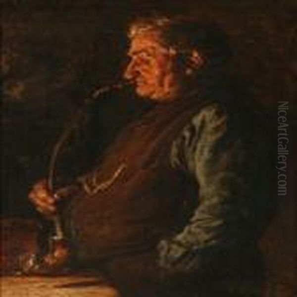 An Older Gentleman Smoking A Pibe Oil Painting by Cilius Andersen