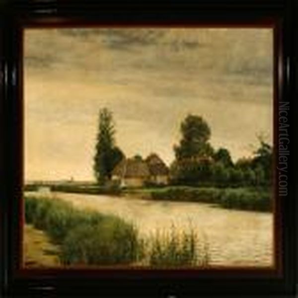 A Thatched Farm At Odense Stream Oil Painting by Cilius Andersen