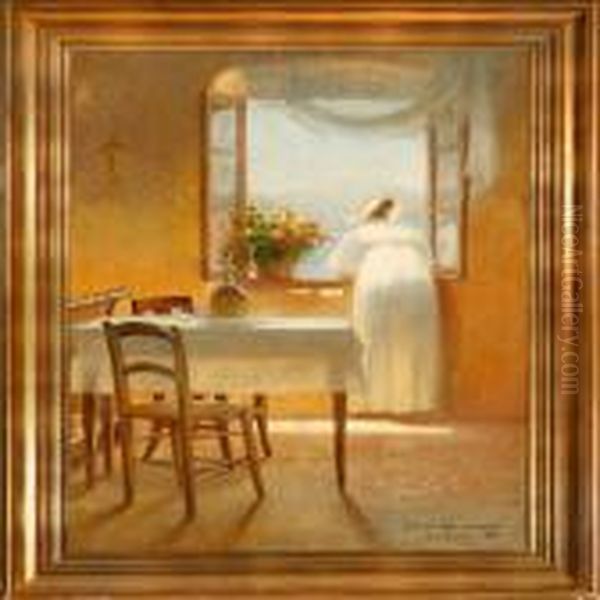 Interior From Italy With A Woman Looking Out The Window Oil Painting by Cilius Andersen