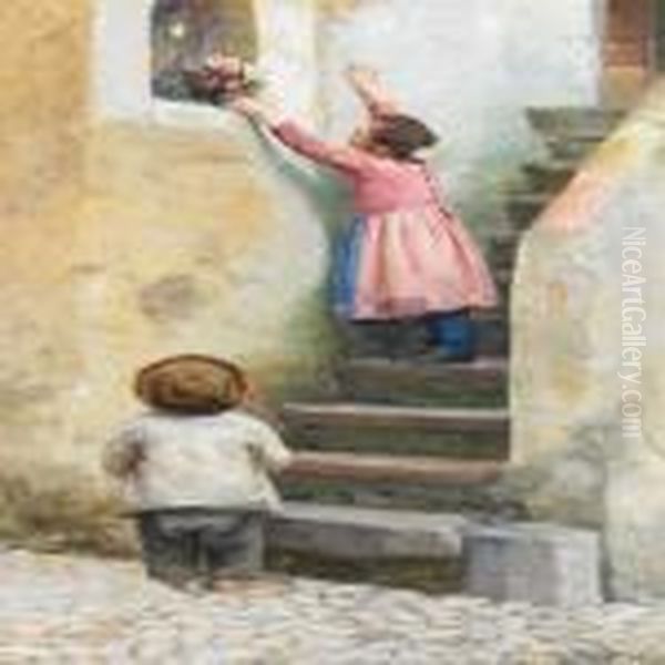 Two Italian Children Placing Flowers In A Niche By A Staircase Oil Painting by Cilius Andersen