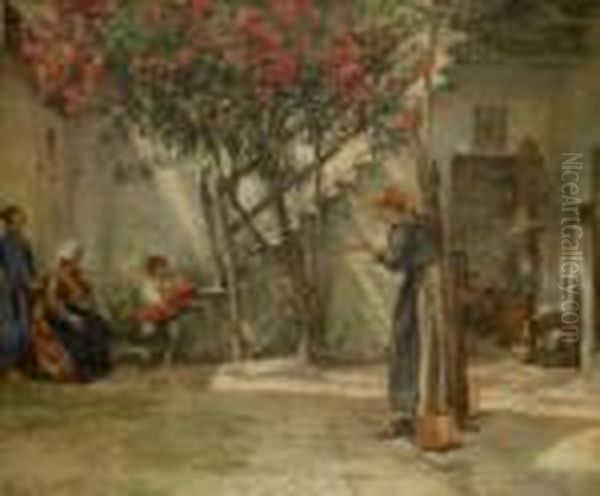 Anderson : Figures In A Mediterranean Courtyard Oil Painting by Cilius Andersen